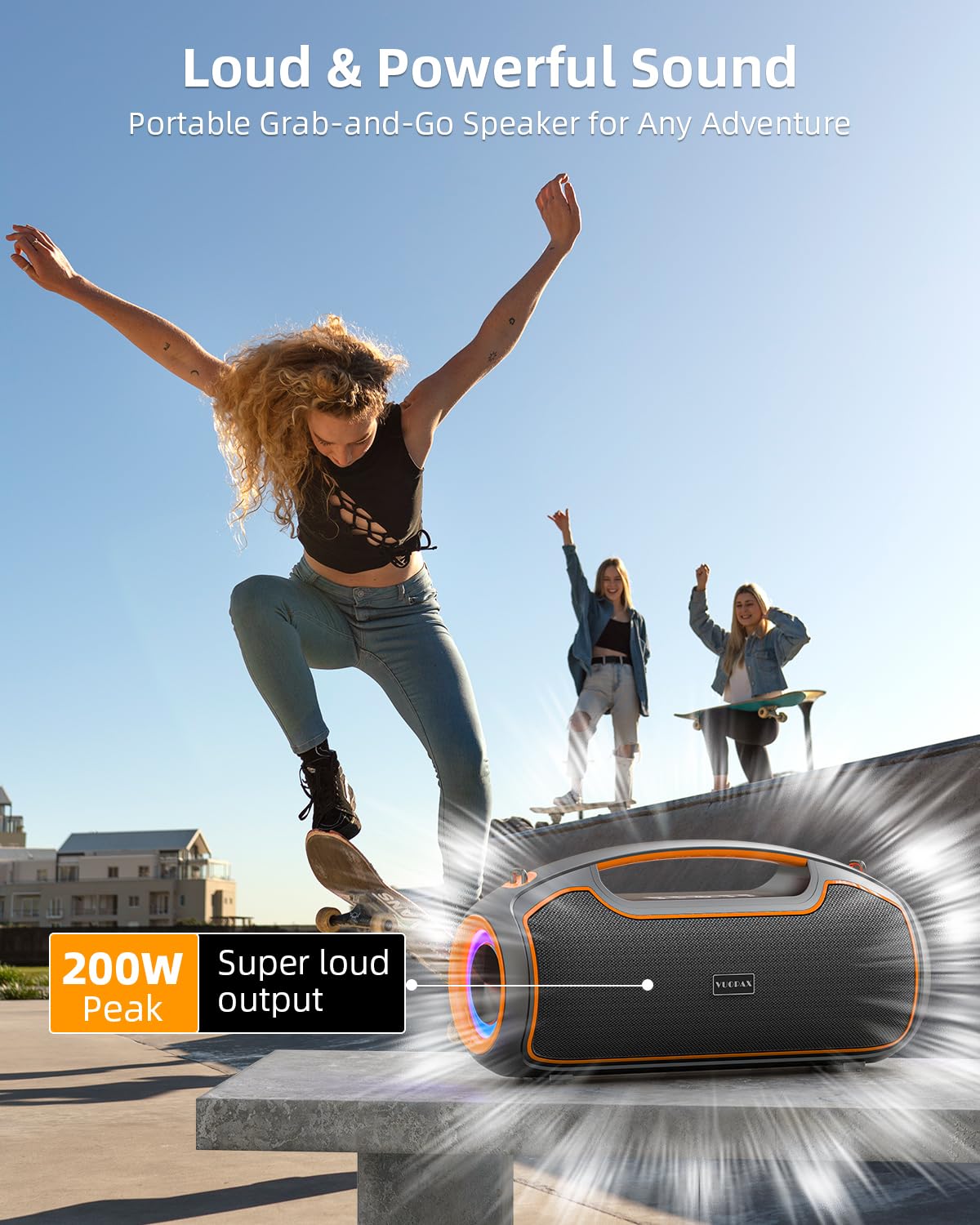 Upgrade Portable Bluetooth Speakers Wireless, 200W PEAK Loud Outdoor Speaker with Deep Bass, IP65 Waterproof, BT5.4, USB-C, RGB Lights, for Party, Camping, Beach, Large Workshop, Garage, 24H Playtime