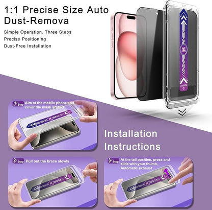 2 Pack Privacy Screen Protector for iPhone 14 Pro/iPhone 15 / iPhone 16, 9H Tempered Glass, Full Coverage, Anti-Fingerprint, Auto Dust-Elimination, No Bubble, Easy Installation