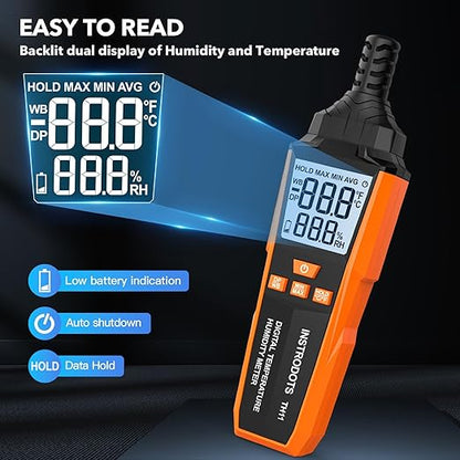 Temperature Humidity Meter, High Precision Digital Hygrometer with Ambient, Dew Point, Wet Bulb Temperature for Indoor Outdoor, Thermometer with Min/Max, Data Hold, LCD Backlight, TH11