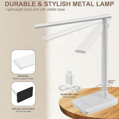 LED Desk Lamp with USB Charging Port Whole White for Home Office Essentials Table Lamp with Eye-Caring 4 Color Temperature Touch Control Stepless Dimming Desk Light for College Dorm