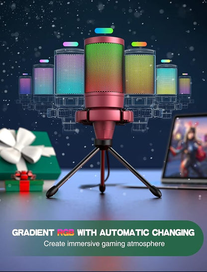 FIFINE AmpliGame PC Gaming Streaming USB Microphone, RGB Desktop Microphone for Computer/Mac/PS4/PS5, Podcast, Recording, TikTok, Game Chat, Condenser Mic with Pop Filter, Shock Mount - Red