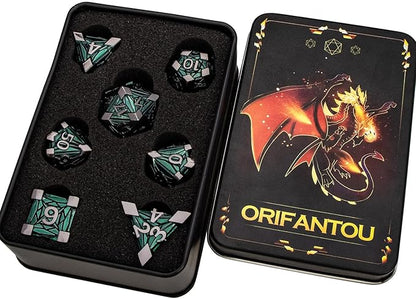 7PCS Metal DND Dice Set with Box, Debris RPG Green D and D Dice for use with D&D Tabletop Games Role Playing Game Polyhedral Dice Set D20 D12 D10 D8 D6 D4