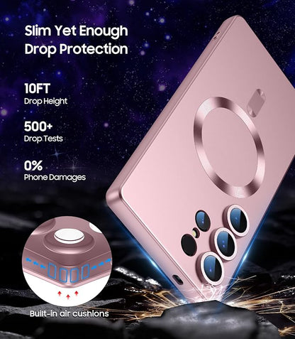 Magnetic for Samsung Galaxy S25 Ultra Case [Compatible with MagSafe][Built-in Camera Lens Protector] Slim Soft Silicone Bumper Shockproof Metallic Luster Phone Shell (Rose Gold)