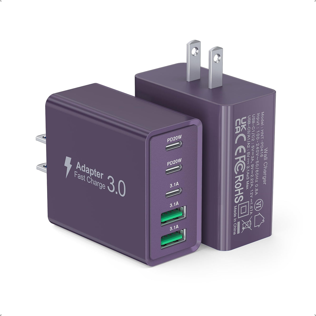 [2‑Pack] 60W 5‑Port Multiport USB‑C Wall Charger, PD3.0 Fast Charging Block