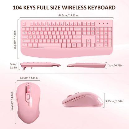Wireless Keyboard and Mouse Combo, EDJO 2.4G Full-Sized Ergonomic Computer Keyboard with Wrist Rest and 3 Level DPI Adjustable Wireless Mouse for Windows, Mac OS Desktop/Laptop/PC (Pink)