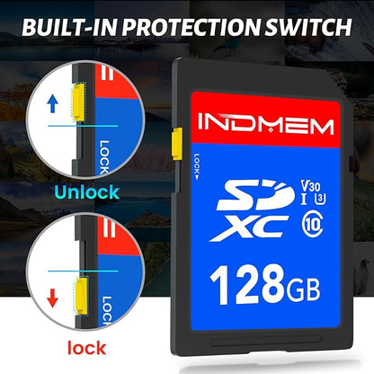 INDMEM SD Card 128GB 6-Pack, Class 10 128GB High Speed up to 90M/S Full HD Video Flash Memory Card MLC Standard Secure Digital Cards Camera Cards