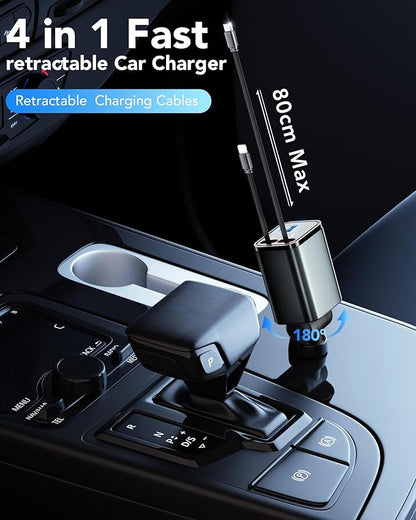 Upgraded Retractable Car Charger Adapter,4 in 1 Fast Charging Car Phone Charger,69W USB C Car Truck Accessories,Road Trip Essentials Gift for Men Women for iPhone 16/15/14/13/12/11,Galaxy,Pixel