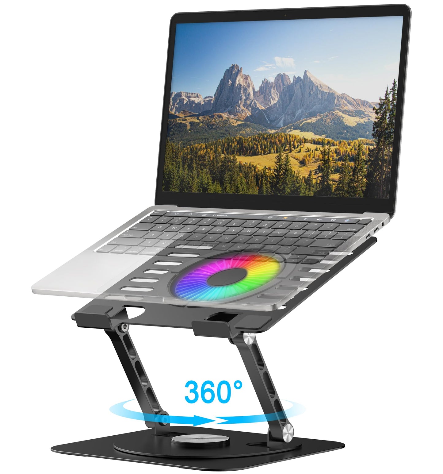 YTech Laptop Stand,with 360°Rotating Base,External Cooling Fan,Adjustable RGB Lighting,Ergonomic Foldable Notebook Computer Holder.Compatible with All 10-17" Laptops Tablets,Black, E0B22-01