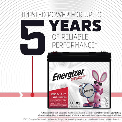 Energizer EN55-12IT - 2 Pack - 12 Volt 55 Amp Hr, Long Lasting Sealed Lead Acid AGM Rechargeable Battery Ideal for Use in Electric Scooters, Wheelchairs, Emergency Lighting, Backup Power, and More
