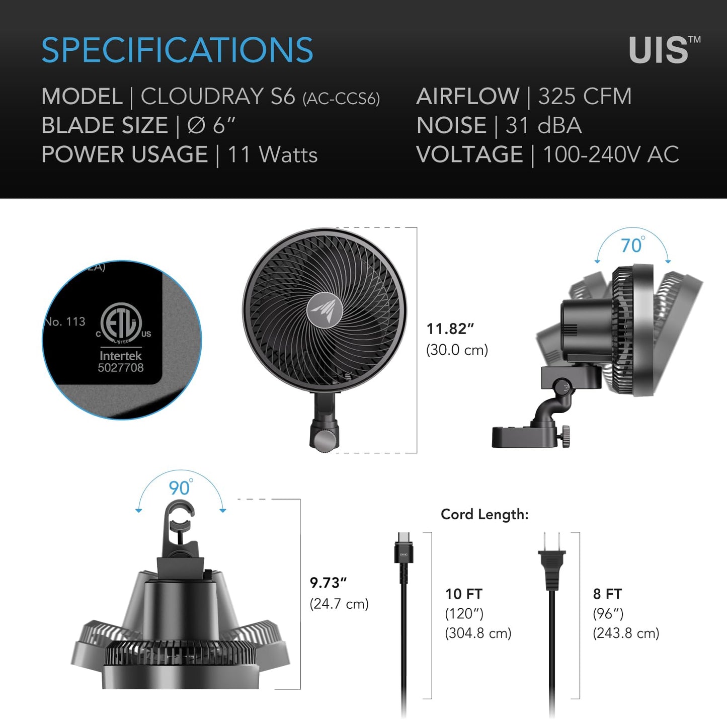 AC Infinity CLOUDRAY S6, Grow Tent Clip Fan 15cm with 10 Speeds, EC Motor