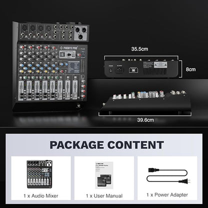 Professional 6-Channel Audio Mixer, Phenyx Pro DJ Sound Mixer Board w/Flexible AUX, BUS, SUB Routing, 16 DSP, BT Streaming & USB-B PC Recording, Mixing Console for Stage, Home Studio (PTL-600)