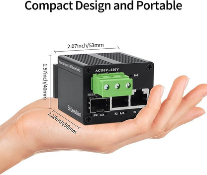 BinLeeVision 3-Port Gigabit PoE+ Switch, 2×40W PoE RJ45 Per Port, 1G SFP Uplink, Industrial Unmanaged, 6KV Surge Protection, Fanless Metal, DIN Rail/Wall/Desktop Mount, -40°C to 75°C, Plug & Play