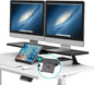 AVLT Clamp Desk Shelf Dual 32" Monitor Riser With Slide-out Holder for Convertible Laptop, Tablet, Smartphone (Black) - Floating Stand (Clamp-On Shelf Only)