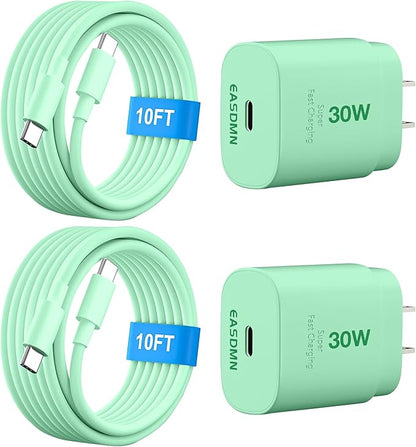 30W USB C i Phone 16 15 Charger Fast Charging, 2PACK Wall Charger for iPhone 16 15 Pro Max Charger Cord 10FT Fast Type C Charger Block for iPhone 16/16 Pro/15 Plus/15 Pro/15 Pro Max, iPad Pro, Green