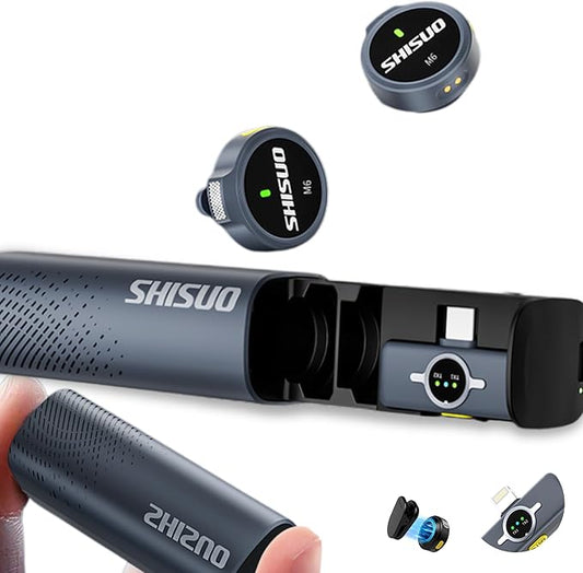 SHISUO Wireless Microphone for iPhone 16 15 14 Android, Magnetic Lavalier Lapel Microphone with Charging Case, AI Noise Cancelling Mini Clip-on Mic for Content Creators, YouTube, Vlog, TikTok, PC