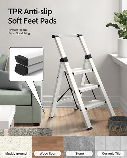 Taranta 3 Step Ladder, Lightweight Aluminum Step Stool with Convenient Handgrip, Folding Ladder with Anti-Slip Pedals, 330lbs Capacity Stepladder for Home, Office, Kitchen - White