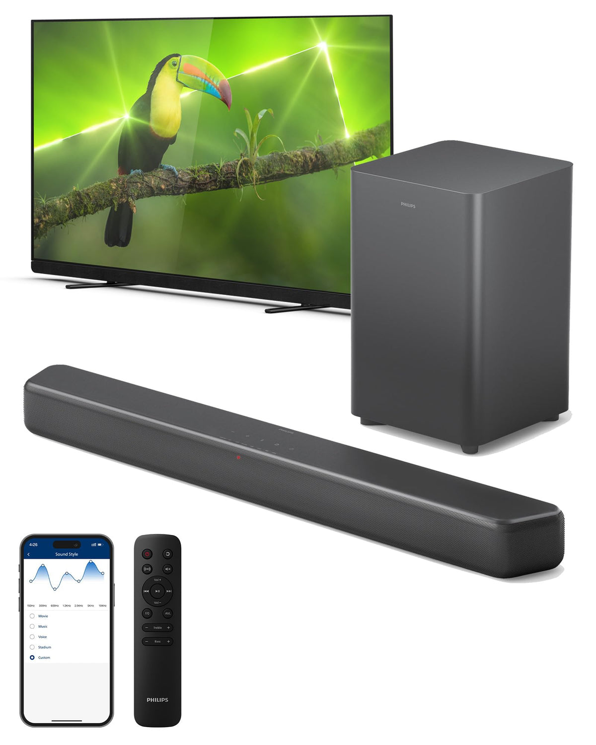 Philips B5309 2.1 Channel Soundbar with Wireless Subwoofer - Bluetooth, HDMI ARC, DTS Virtual:X, 240W Max Power, Dark Grey