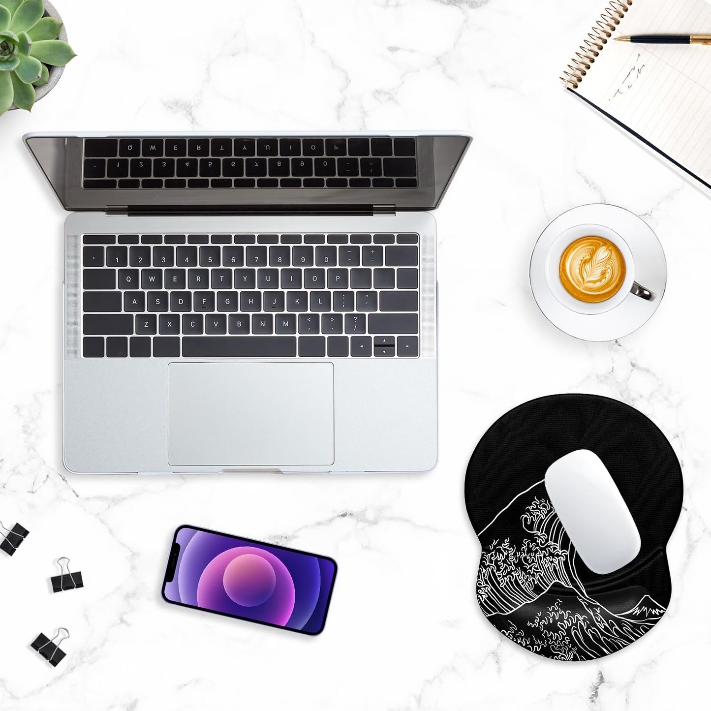ITNRSIIET Ergonomic Mouse Pad with Gel Wrist Support Small Wrist Rest Smooth Surface Non-Slip PU Base Comfortable Office Supplies Pain Relief, 8.7 x 7.2 inches, Rolling Wave