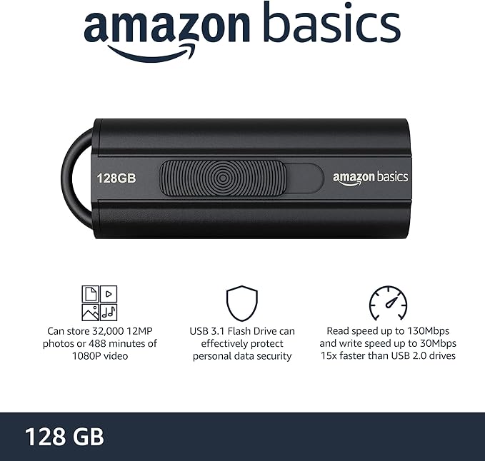 Amazon Basics 128 GB Ultra Fast USB 3.1 Flash Drive, Black