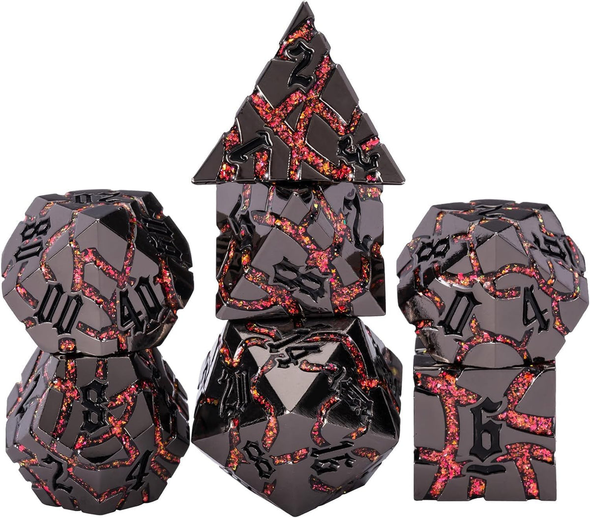 Maywin Cracked Rune Metal Dice Set for DND & RPG – Dark Fantasy Fractured Design, Premium Heavy Metal Polyhedral Dice with Deep Engraved Numbers, 7-Piece Set – Blue Arcane Vein