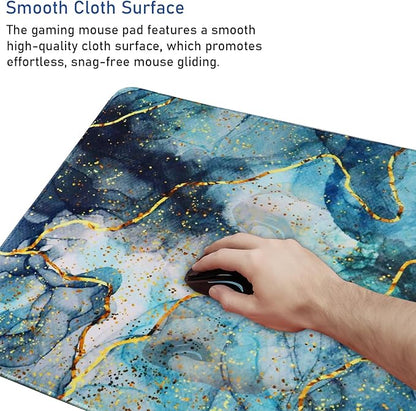 Large Gaming Mouse Pad with Stitched Edges, (31.5X15.7In) Durable Non-Slip Natural Rubber Base, Waterproof Computer Keyboard Pad Mat for Esports Pros/Gamer/Desktop/Office/Home- Marble Blue