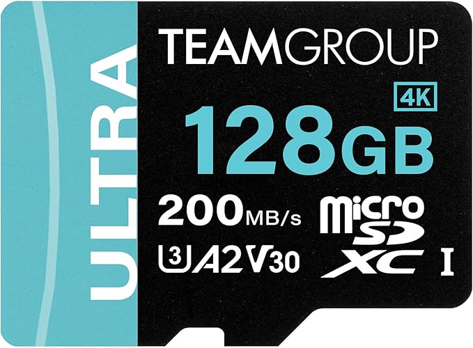 TEAMGROUP A2 Ultra Card 128GB Micro SDXC UHS-I U3 A2 V30, R/W up to 200/80 MB/s with Adapter TULMSDX128GIA2V3022503