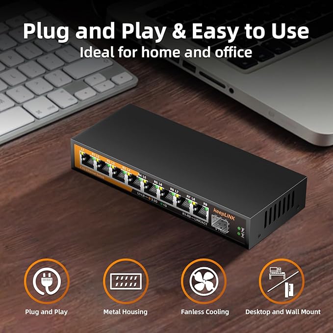keepLiNK 8 Port 2.5G Switch Unmanaged, Ethernet Switch with 8 x 2.5G Base-T Ports, 1 x 10G Base-T SFP Slot, 60Gbps Switching Capacity, Plug & Play, Fanless Metal, Wall Mountable
