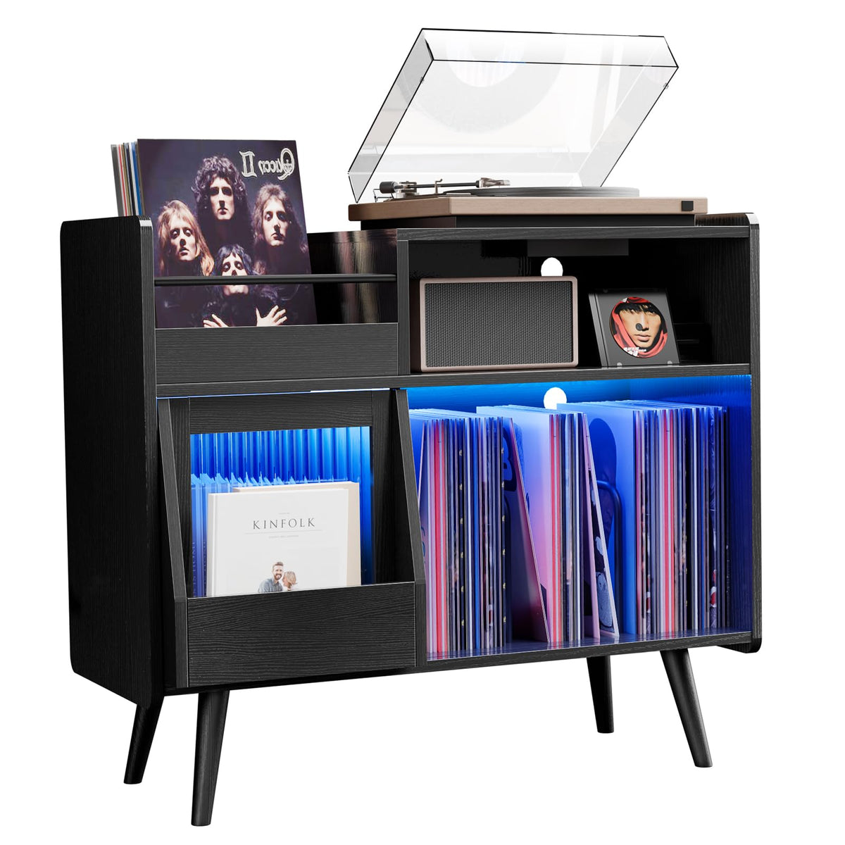 Large Record Player Stand with Sliding Door,350Vinyl Record Storage Cabinet