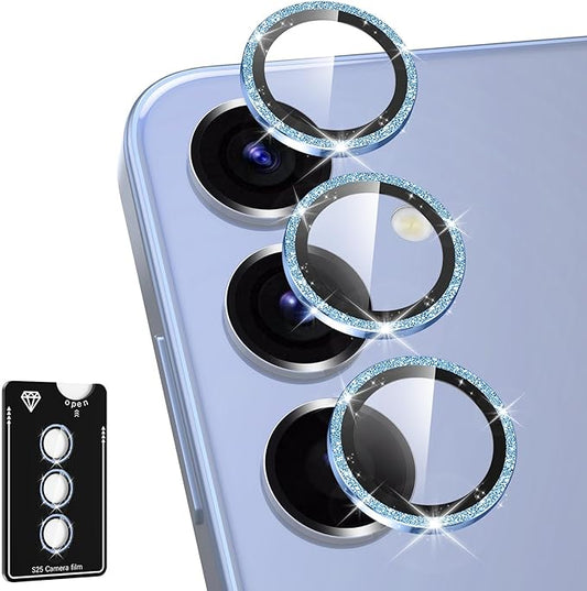 Avocase for Samsung Galaxy S25 Camera Lens Protector, Individual Metal Ring Tempered Glass Lens Cover, [Strong Adsorption] Scratch Resistant Ultra-Thin HD Clear Lens Cover, 1 Set-Blue Sparkly