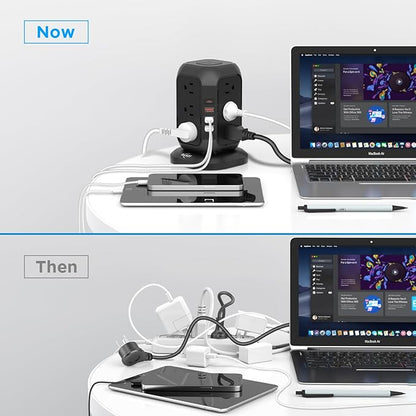 AiJoy Power Strip Tower Surge Protector with 12 AC Outlets, 3 USB-A & 1 USB-C Ports, 10 FT Extension Cord, Charging Station with Overload Protection, for Home Office Dorm Living Room