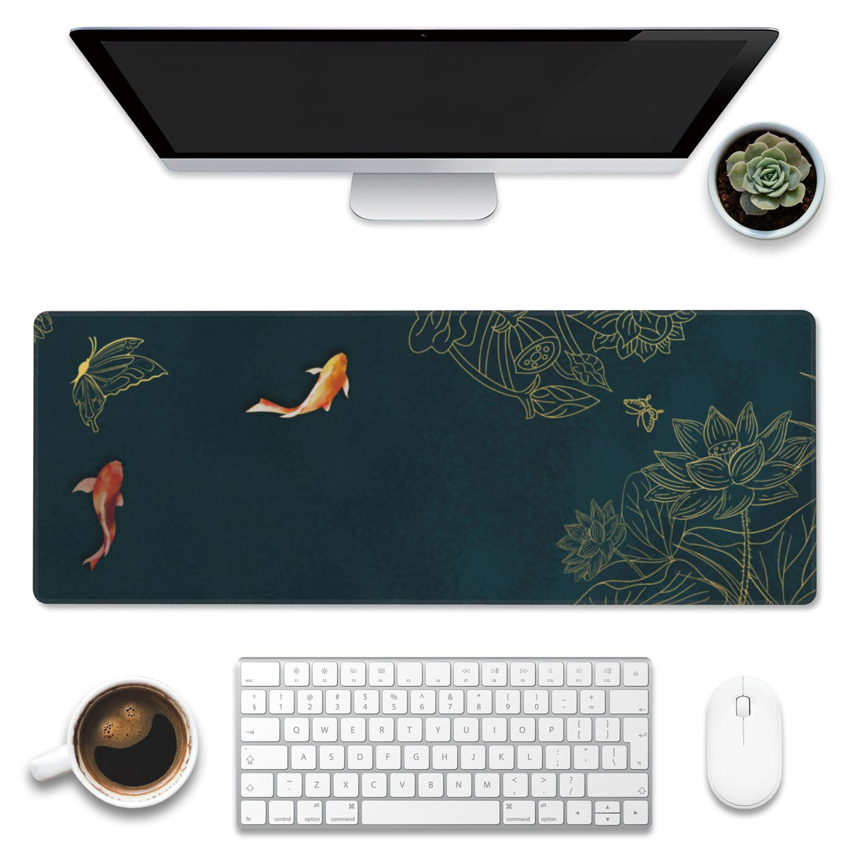 Eflxamz Large Gaming Mouse Pad, Koi Fish Ink Painting Desk Mat, Golden Line Lotus Desk Pad, Extended Big Computer Keyboard Mouse Pad with Non-Slip Base and Stitched Edge, 31.5"x11.8"