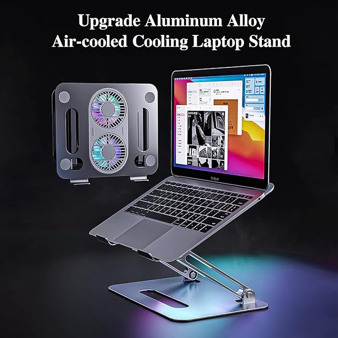 Adjustable Laptop Stand with Cooling Fan, Aluminium Alloy Multi-Angle Computer Holder for Desk, Portable Notebook Metal Mount All Laptops 11"-17.3"-Grey