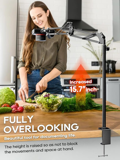 Overhead Camera Mount, 5lb Horizontal Load-Bearing, 360° Adjustable Stand for Desk, Flexible with Phone Clamp, Tabletop Mount for DSLR Camera/Webcam/Microphone