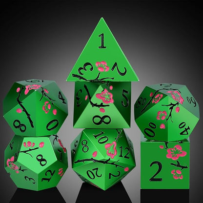 Matt Green Metal Dice Set, DNDND 7 PCS Heavy Metallic D&D Dice Set with Gorgeous Gift Case for Dungeons and Dragon Tabletop Game (Matte Green with Pink Flower)