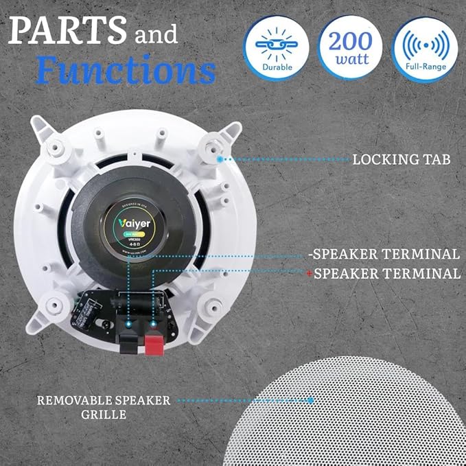 Vaiyer Home Audio System Kit, 6-Channel 6000 Watts Bluetooth Amplifier with 6.5" 12 Qty of 200 W Each in-Wall in-Ceiling Speakers & 16 AWG 500 ft. Speaker Wire - Perfect for Home, Office, Restaurants