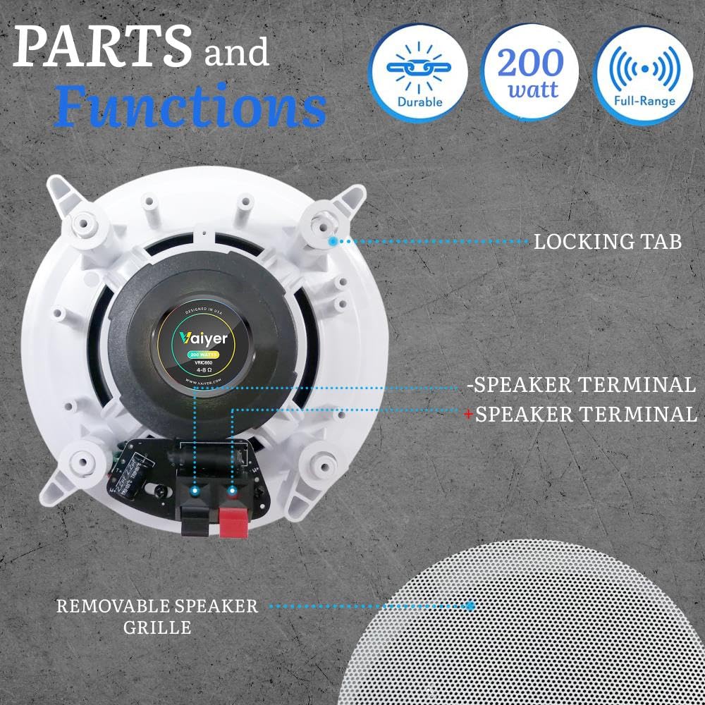 Vaiyer Home Audio System Kit, 6-Channel 6000 Watts Bluetooth Amplifier with 6.5" 12 Qty of 200 W Each in-Wall in-Ceiling Speakers & 16 AWG 500 ft. Speaker Wire - Perfect for Home, Office, Restaurants