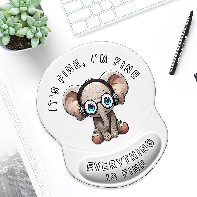 ITNRSIIET Ergonomic Mouse Pad with Gel Wrist Support Small Wrist Rest Smooth Surface Non-Slip PU Base Comfortable Office Supplies Pain Relief, 8.7 x 7.2 inches, Pretty Fine Elephant White