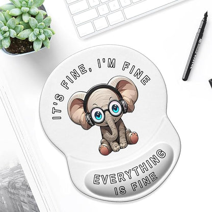 ITNRSIIET Ergonomic Mouse Pad with Gel Wrist Support Small Wrist Rest Smooth Surface Non-Slip PU Base Comfortable Office Supplies Pain Relief, 8.7 x 7.2 inches, Pretty Fine Elephant White