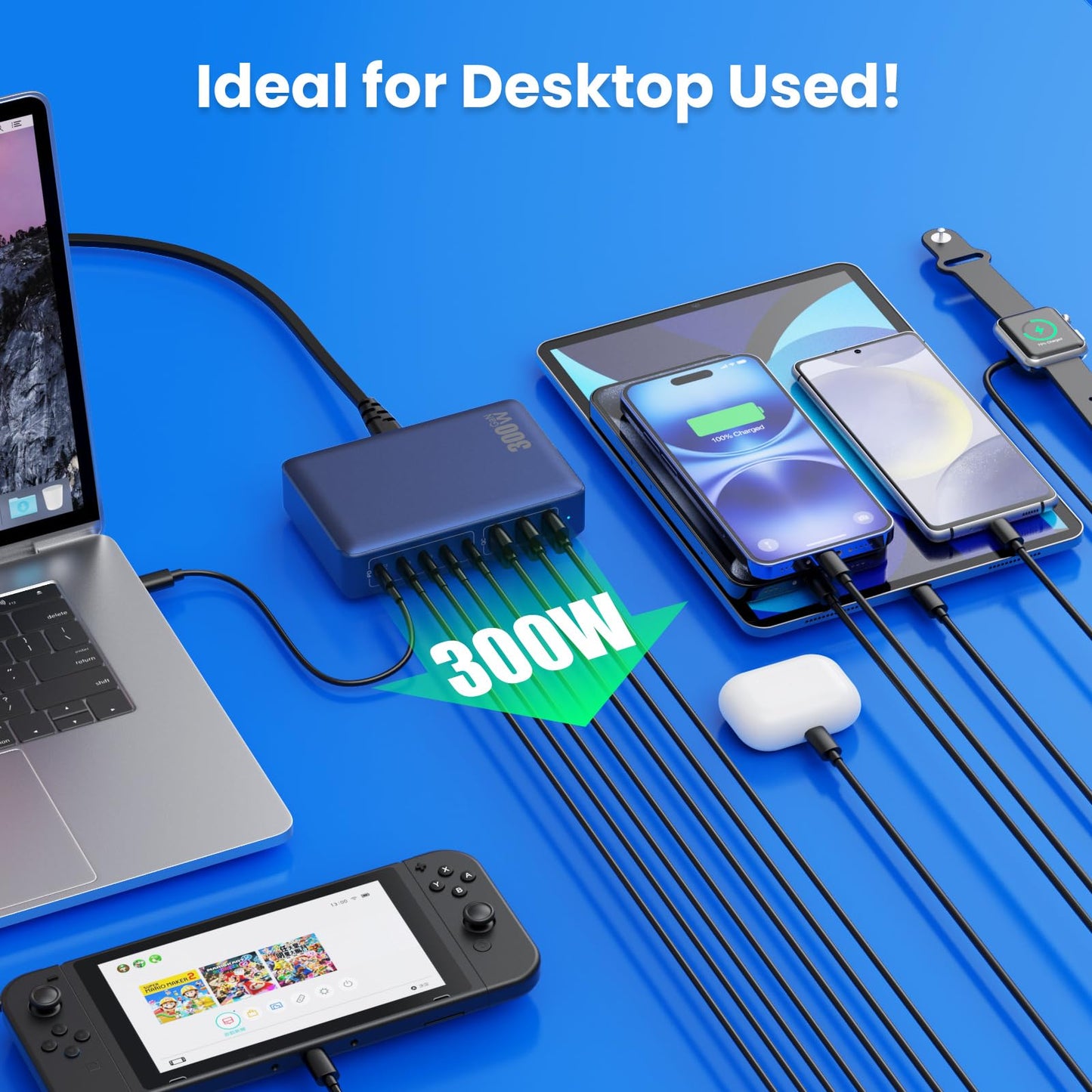USB C Charger 300W USB C Charger Block 8-Ports GaN IV Fast Charging Station,PD 100W Laptop Charging Hub Wall Charge Adapter Compatible with MacBook/Air,DELL,Steam Desk,iPhone 16/15/14,Galaxy