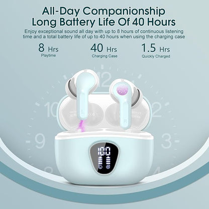 Wireless Earbuds, Bluetooth 5.4 Headphones HiFi Stereo, Bluetooth Earbuds with ENC Noise Cancelling Mic, IP7 Waterproof in Ear Earphones, 48H, LED Display Ear buds for Pad Workout Sports, Azure