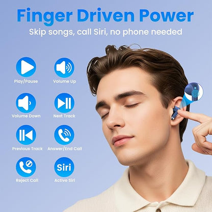 Wireless Earbuds, Bluetooth Headphones with Deep Bass Stereo, 48H Playback Ear Buds with LED Power Display Charging Case，Lightweight, IPX7, in-Ear Earphones with Mic for for Phone Tablet Laptop, Blue