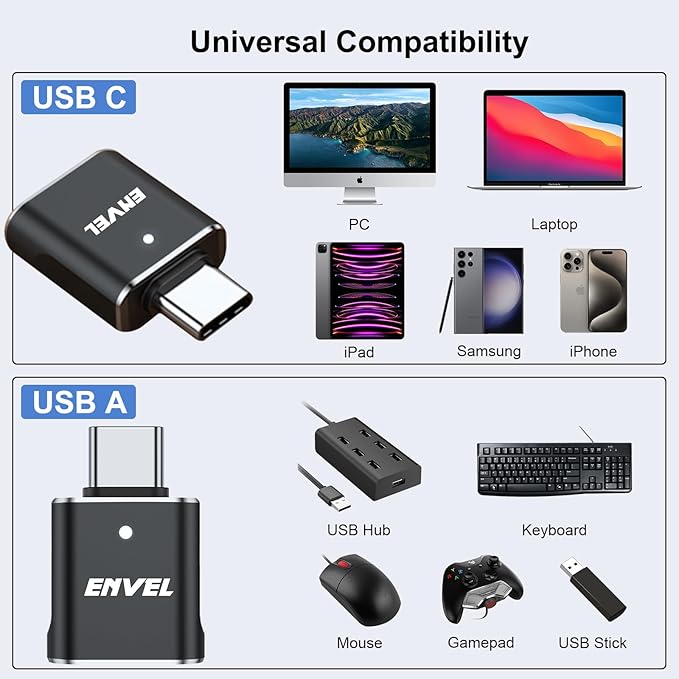 ENVEL USB to USB C Adapter, 2 Pack USB3 5Gbps High Speed Data Transfer, OTG Converter Thunderbolt3 4 Compatible with Apple iWatch iPhone 15 16 Pro Max iPad Air 4 5 Mini 6