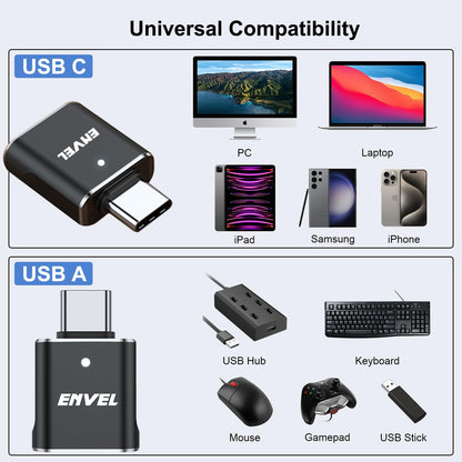 ENVEL USB to USB C Adapter, 2 Pack USB3 10Gbps High Speed Data Transfer, OTG Converter Thunderbolt3 4 Compatible with Apple iWatch iPhone 15 16 Pro Max iPad Air 4 5 Mini 6