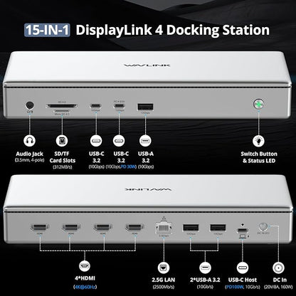 WAVLINK Pro Docking Station 4 Monitors | Quad 4K Displays for Mac & Windows | Displaylink Dock with 4X HDMI, PD 100W, 2.5G Ethernet, 10G USB-A/USB-C, SD/TF 4.0, Audio | Driver Required DL7400.