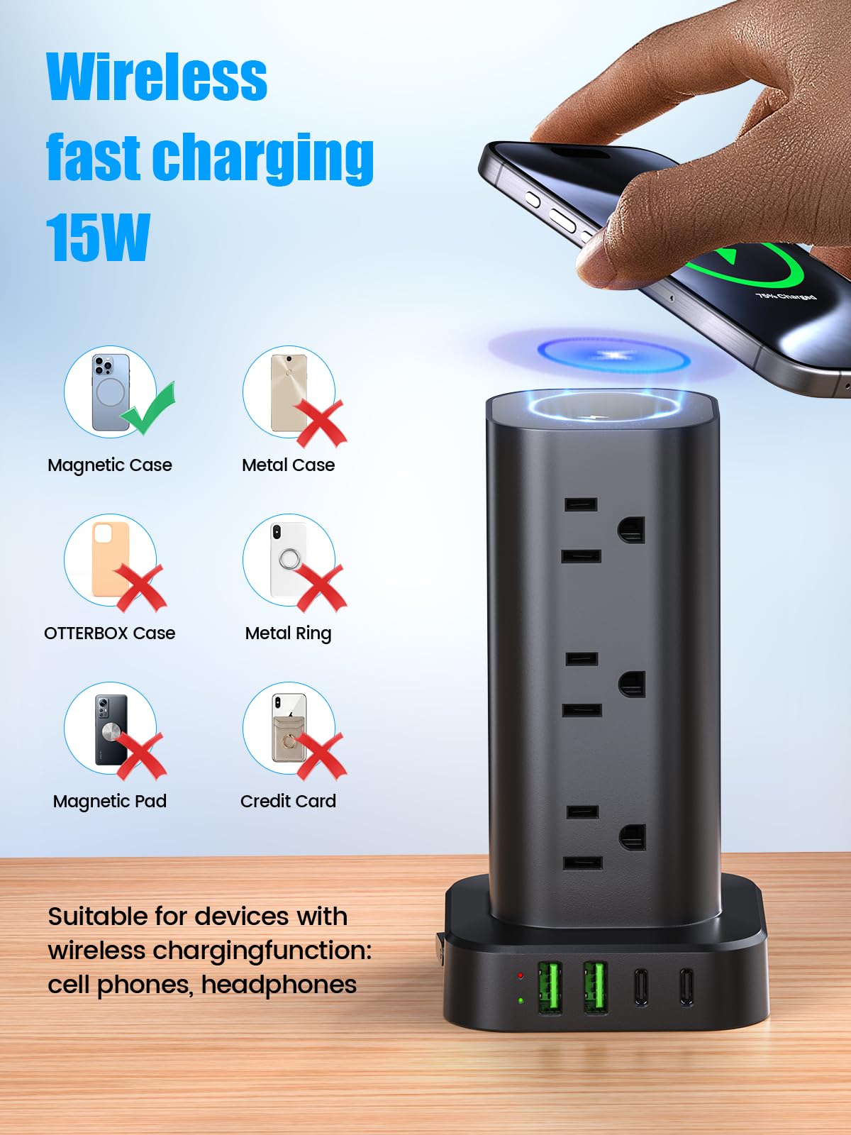 Tower Power Strip with 15W Wireless Charger, 10FT Flat Plug Extension Cord with Multiple Outlets, 12 AC Outlets, 4 USB Ports (2 USB C) Charging Station Surge Protector for Office Home Dorm Room(Black)