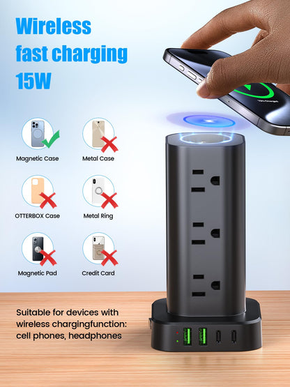 Tower Power Strip with 15W Wireless Charger, 10FT Flat Plug Extension Cord with Multiple Outlets, 12 AC Outlets, 4 USB Ports (2 USB C) Charging Station Surge Protector for Office Home Dorm Room(Black)