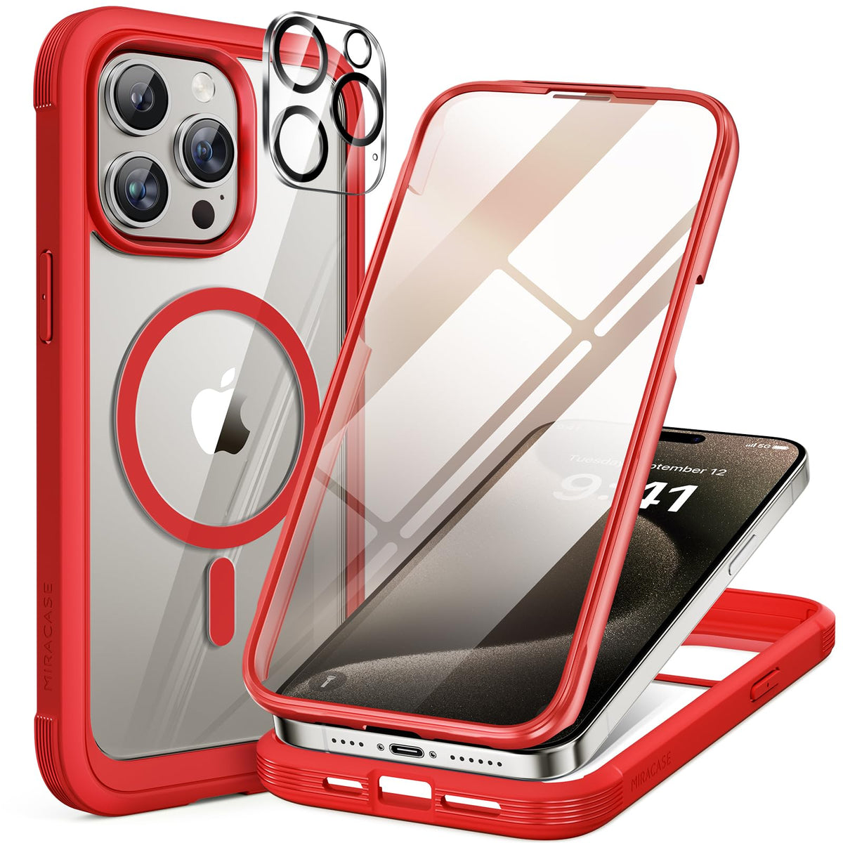 Miracase for iPhone 13 Case 6.1'',Full-Body Magnetic Clear Bumper Case with Built-in 9H Tempered Glass Screen Protector,Military Drop Protection Outdoor Phone Case — iPhone 15 Pro Max