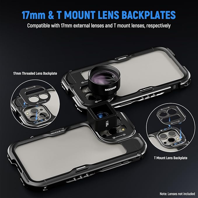 NEEWER 15 Pro Cage [2nd Gen], Video Rig Phone Stabilizer with Quick Release Side Handle, 67mm Filter Adapter, 17mm Lens Backplate, T Mount Lens Adapter Compatible with Moment, PA043+PA045B