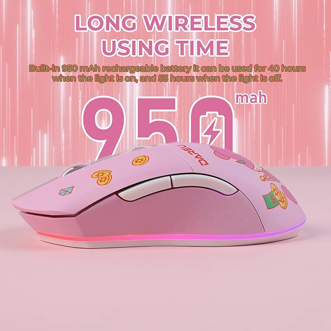 DAREU Pink Wireless Wired Gaming Mouse, Dual-Mode Rechargeable 7 Programmable Buttons,10K DPI,RGB and 7 Adjustable DPI Levels up to [150IPS] [1000Hz] for PC Notebook Mac(Lucky Bear)