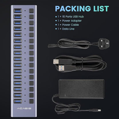 90W Powered USB Hub - ACASIS 16 Ports USB 3.0 Data Port, Aluminum Housing, Individual On/Off Switches, 12V/7.5A Power Adapter, USB Splitter for Laptop, PC, Computer, Printer